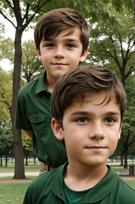 12 year old boy with brown hair green eyes in a park 