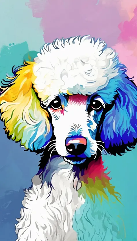 poodle face, captured in modern painting style, focus on delicate features, swirling brushstrokes of vibrant colors, canvas texture apparent, gaze directed slightly off-canvas, background a blend of abstract forms, flowing lines, interplay of shadow and li...