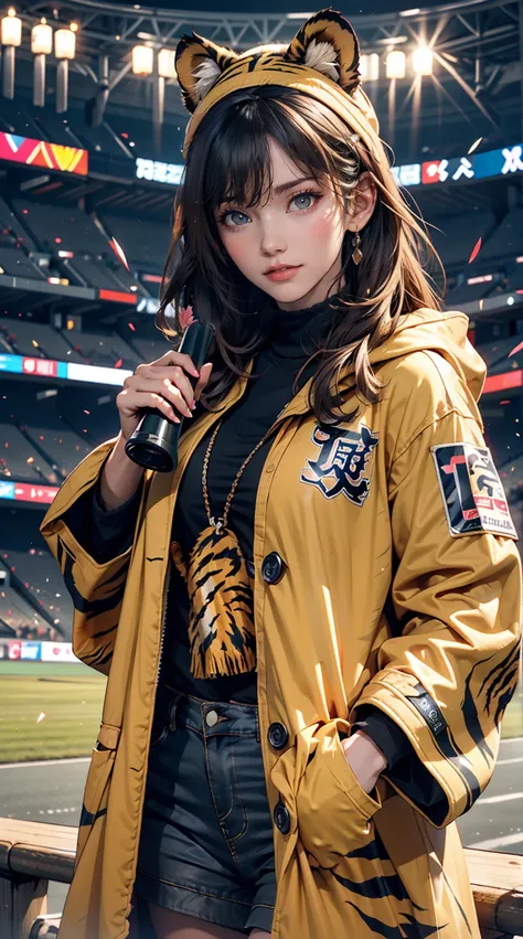 Fans of the NPB team Hanshin Tigers、24-year-old female、Wear a tiger-print happi coat、Wear a tiger print headband、Holding a yellow megaphone、Being at Hanshin Koshien Stadium