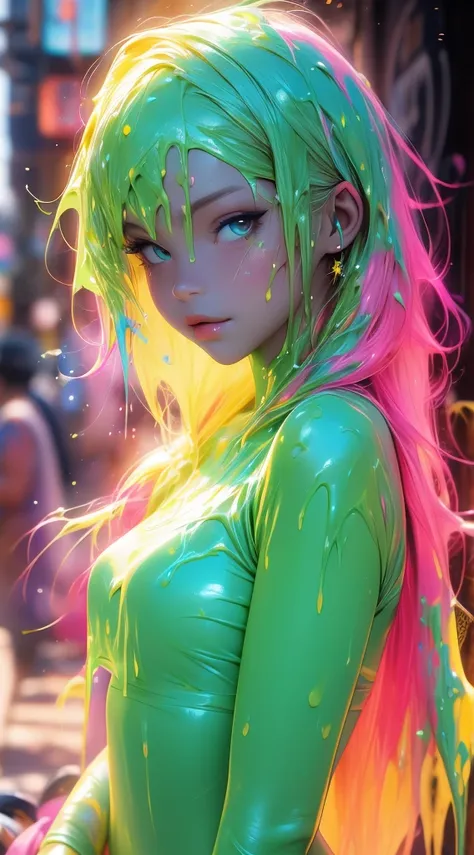 (paint splashes)，colorful nipples，the color of the glow，lamplight，the girl，look at the camera，slime gir，big round eyes, cutes, s...