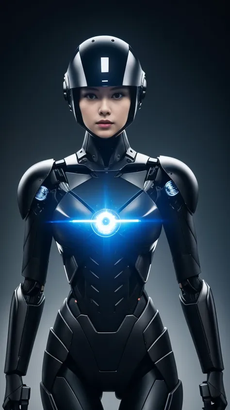 Mechanical armechanical legs、Has a helmet-shaped electronic brain、Face and body are black－Human、A female robot、Exposed metal bolts visible from outside、Dressed like a hitman、laser－Holding a gun in hand、Protecting the body with protective clothing、