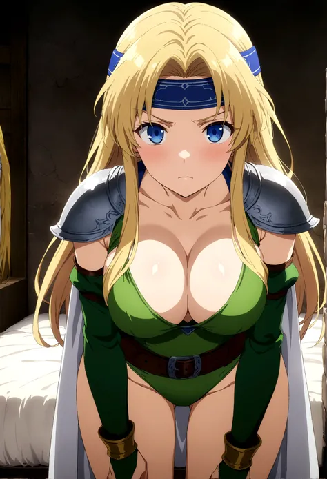 score_9, score_8_up, score_7_up,,BREAK source_anime, ,standing, legs apart, bent over,straight-on,medium shot,looking_at_viewer,1girl, celes chere, final fantasy.blonde hair, blue eyes, green leotard, headband,  large breasts,cleavage, pauldrons, circlet, ...