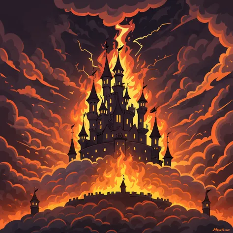 Castle in the clouds, clouds dark and threatening lightning and menace in fire art style