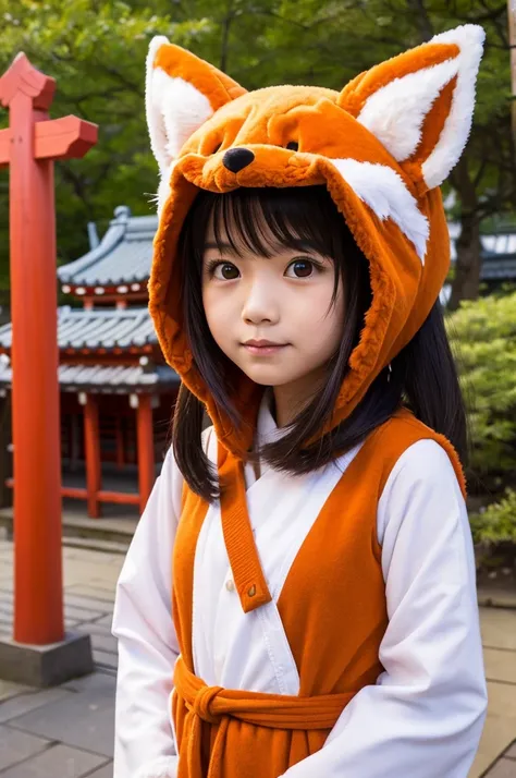 The background is Inari Shrine。A girl with medium hair wearing a fox costume。pixar face