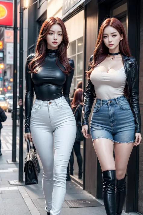 ((Realistic lighting, best quality, 8K, masterpiece:1.3)), Lock focus:1.2, 1 girl, Beautiful Women in Perfect Shape:1.4, : Beautiful Korean girl, Korean Idol，Leg length，(Pale skin), (big eyes),（Smile：0.8），（Plump and sexy lips）， Complex and detailed face, (...