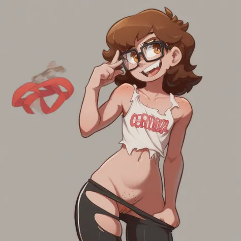 Ralph Bakshi Style, brown eyed tall skinny:2.0 brunette with dark_shoulder-length_hair and black_glasses, nudity:1.5, (extreme nsfw):2.5, torn tanktop, (flatchested):2.0, lewd:2.0, (pubic_stubble):3.0