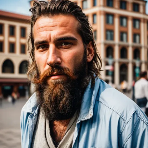 generate a very realistic 8k image of a handsome bearded homeless man at least 27 years old in a beautiful city square in old clothes
