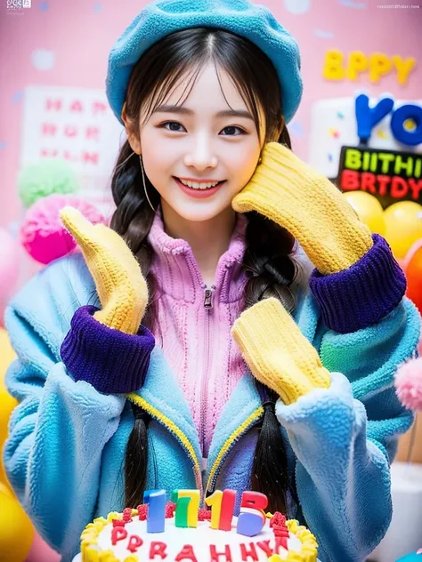 (A photo of a super cute Korean schoolgirl wearing a fleece jacket posing for the camera with a birthday cake:1.2)(grin,smile:1.1)(Beautiful Sweat:1.1)(16K, RAW Photos, Highest quality, masterpiece: 1.2),(A cute braid of shiny black hair) Super detailed, S...