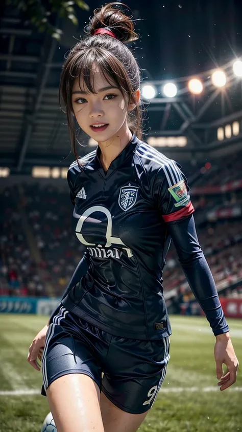 Highest quality, High resolution:1.2, Very detailed, Realistic:1.3, ((Beautiful woman))、((Super tight uniform))、((Big Breasts))、(The abdomen is visible)、(((Soccer uniforms)))、Vibrant colors, play soccer,(Blunt bangs)、((Various Hair Styles))、Different hair ...