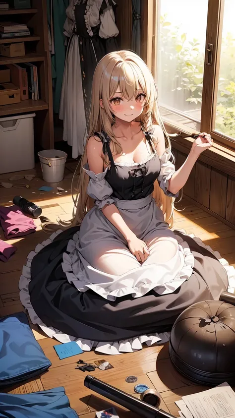 Marisa Kirisame、Messy room、Garbage house、Beautiful woman、Marisa&#39;s Hat、Very thick thighs、Grinning、smile、Sloppy body、Best image quality、High resolution、masterpiece、super high quality、Thick pubic hair、Orgasm Facial、Stripes々Panties、Stripes々bra、Very big ass...