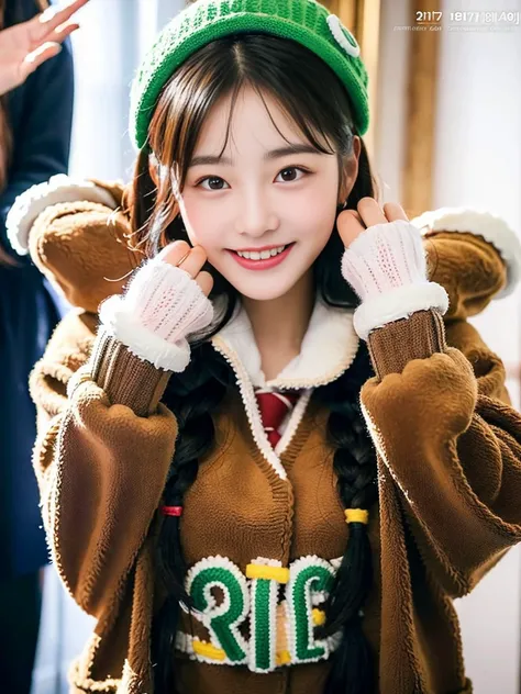 (A photo of a super cute Korean schoolgirl wearing a fleece jacket posing for the camera with a birthday cake:1.2)(grin,smile:1.1)(Beautiful Sweat:1.1)(16K, RAW Photos, Highest quality, masterpiece: 1.2),(A cute braid of shiny black hair) Super detailed, S...