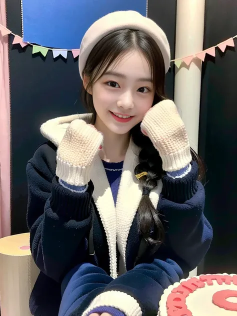 (A photo of a super cute Korean schoolgirl wearing a fleece jacket posing for the camera with a birthday cake:1.2)(grin,smile:1.1)(Beautiful Sweat:1.1)(16K, RAW Photos, Highest quality, masterpiece: 1.2),(A cute braid of shiny black hair) Super detailed, S...