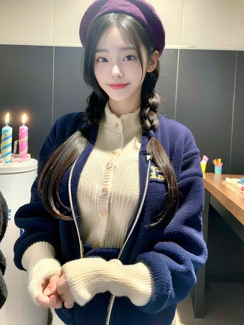 (A photo of a super cute Korean schoolgirl wearing a fleece jacket posing for the camera with a birthday cake:1.2)(grin,smile:1.1)(Beautiful Sweat:1.1)(16K, RAW Photos, Highest quality, masterpiece: 1.2),(A cute braid of shiny black hair) Super detailed, S...