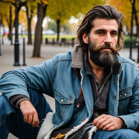 generate a very realistic 8k image of a handsome bearded homeless man at least 27 years old in an old and torn coat in a beautiful city park
