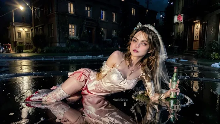 3d, hyper-realisitic, sculpture of a gothic fairy Mila Kunis sitting on the ground in an alley, pale skin, hair long blonde, looking messy, dripping with makup with a bottle of wine in hand, wearing red punk boots, (garter wedding dress:1.2), athletic and ...