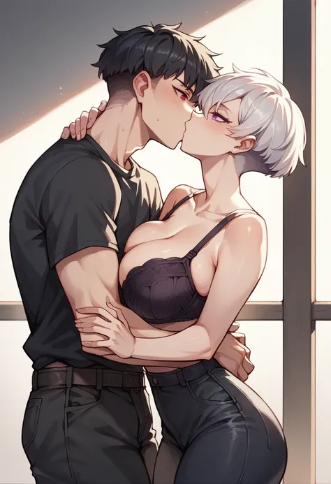 1 girl, pixie cut, white hair, purple eyes, Japanese, big breast, bra, kissing, 1 boy, tall, well built, black t shirt, black pants, wolf cut,long black hair, red eyes, making out, sexy