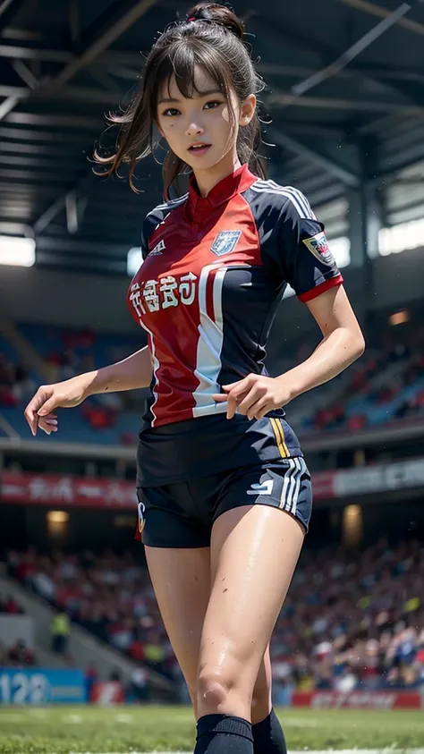 Highest quality, High resolution:1.2, Very detailed, Realistic:1.3, ((Beautiful woman))、((Super tight uniform))、((Big Breasts))、(The abdomen is visible)、(((Soccer uniforms)))、Vibrant colors, play soccer,(Blunt bangs)、((Various Hair Styles))、Different hair ...