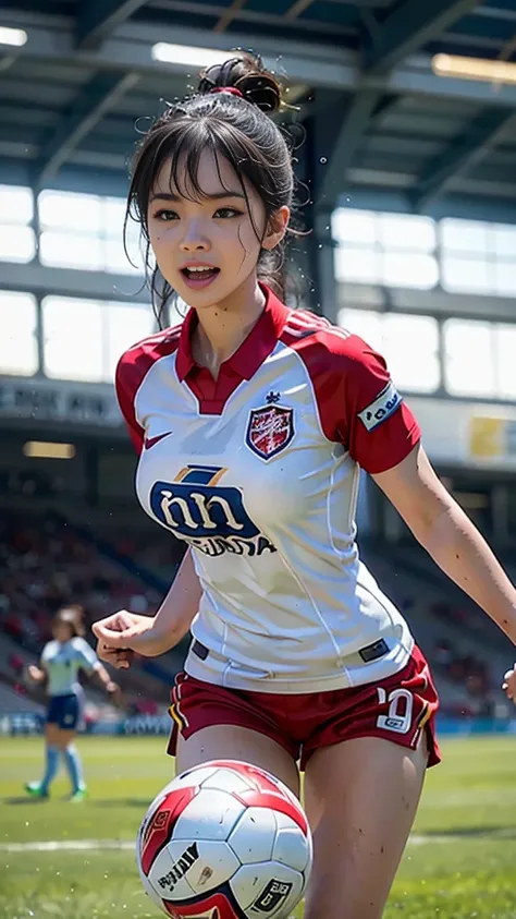 Highest quality, High resolution:1.2, Very detailed, Realistic:1.3, ((Beautiful woman))、((Super tight uniform))、((Big Breasts))、(The abdomen is visible)、(((Soccer uniforms)))、Vibrant colors, play soccer,(Blunt bangs)、((Various Hair Styles))、Different hair ...