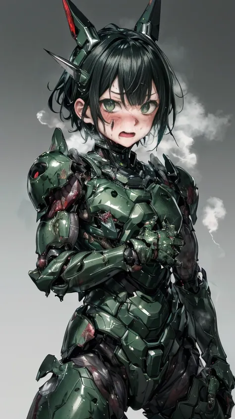 Rough skin, Very detailed, Advanced Details, high quality, 最high quality, High resolution, 1080P 、Bleeding from the wound、Sexy Eyes、Wearing green and black、cute((My whole body is sweating))(Equipped with a battle suit damaged by wounds....)(Dark green armo...