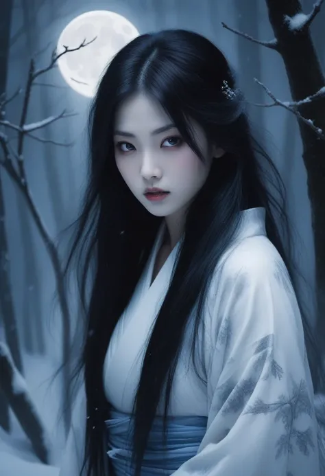 A terrifying and eerie depiction of Yuki-Onna, the Snow Woman from Japanese folklore. She stands in a dark, snow-covered forest at night. Her long, flowing black hair blends into the shadows, and her pale skin contrasts sharply with the surrounding darknes...