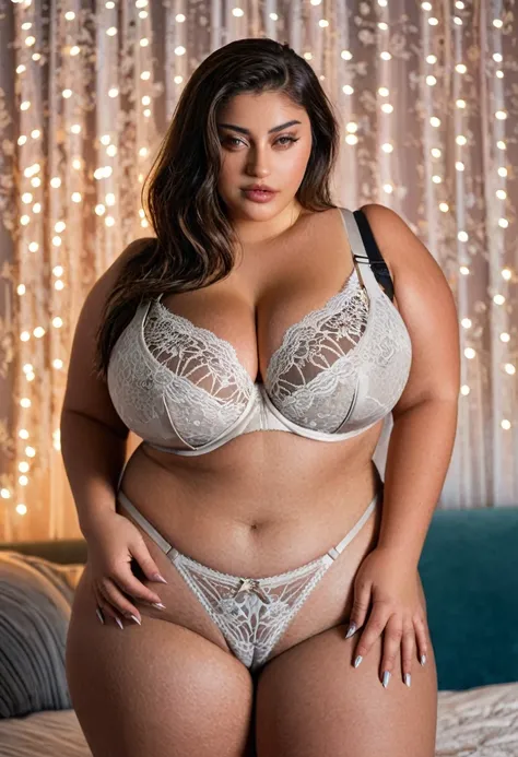 bbw girl, huge breasts, slim waist, thick thighs, large hips, plunge bra, lace thong, looking at viewer, cinematic aesthetic, high quality, detailed background, professional photo, bokeh, natural lighting, fashion magazine cover photoshoot