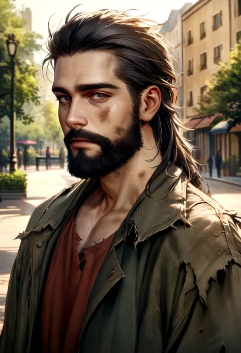 generate a very realistic 8k image of a handsome bearded homeless man at least 27 years old looking straight at the camera in a dirty and torn coat in a beautiful city park
