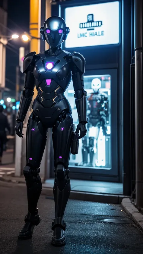 Guarding the town late at night、Walking、Mechanical armechanical legs、Has a helmet-shaped electronic brain、Face and body are black－Human、A female robot、Exposed metal bolts visible from outside、Dressed like a hitman、laser－Holding a gun in hand、Protecting the...