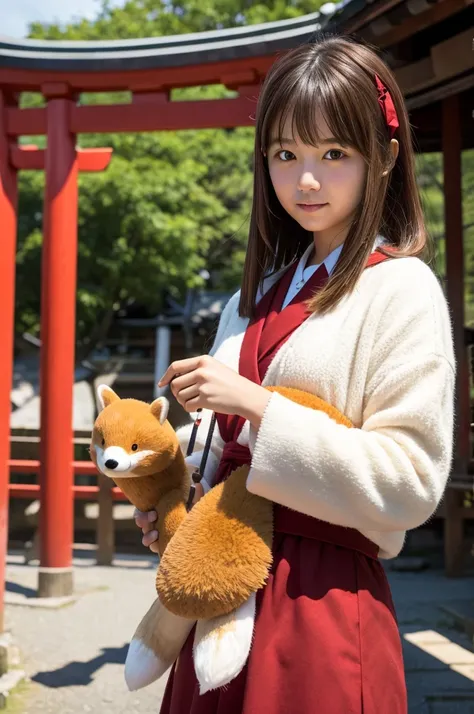 The background is Inari Shrine。A girl with medium brown hair holding a stuffed fox。