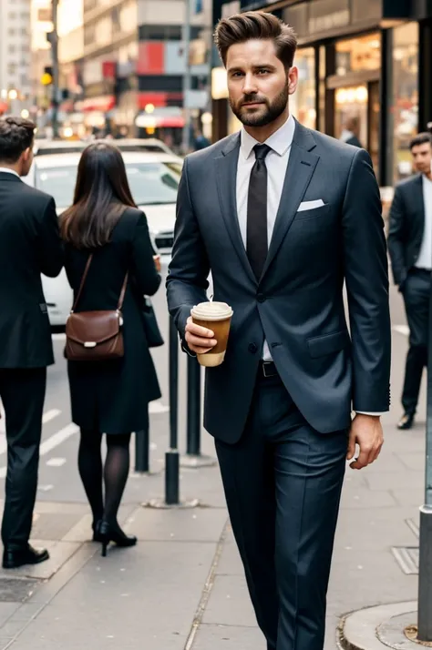 Could you create a 30-year-old man in a suit and tie who is having a coffee shake on a busy avenue?