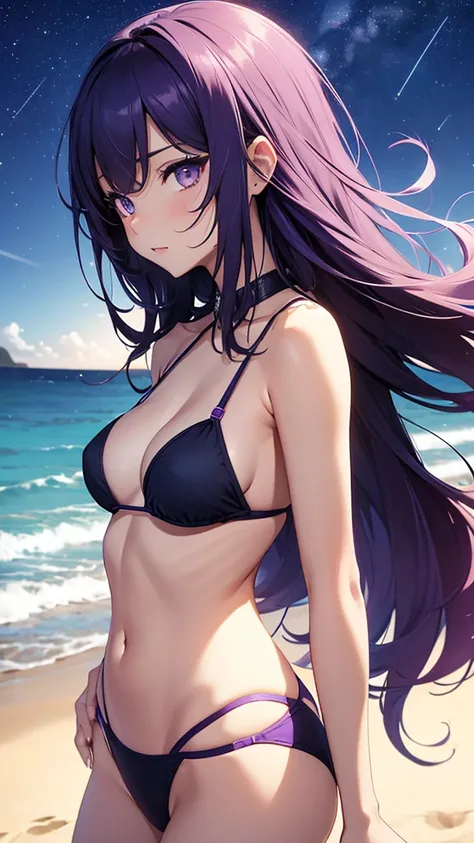 sexy girl, 1: solo girl, king, violet eyes colours, looking to the horizon, on the beach, night beach, Blurred Background, details in the stars, perfect body, multicolored bikini,random color hair. 