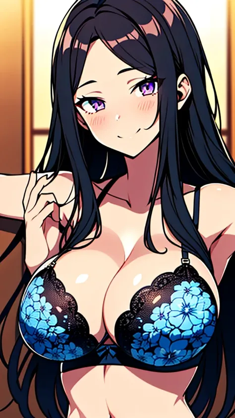 masterpiece, best quality,1girl, beautiful detailed girl, black hair, long hair, parted bangs, purple eyes, closed mouth, smile, huge breasts, cleavage, blue beautiful detailed floral print bra, 