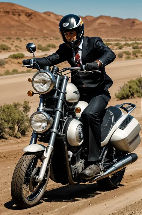 Cartoon Character of A Man Riding a Motorcycle with Helmet and Tie on a Dirt Road 