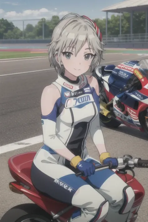 (((pixel-perfect, detail-perfect))), solo, 1girl, anastasia, motogp outfit, elbows, pads, boots, gloves, motogp helmet, racing bike, sitting on bike, looking at viewer, smile