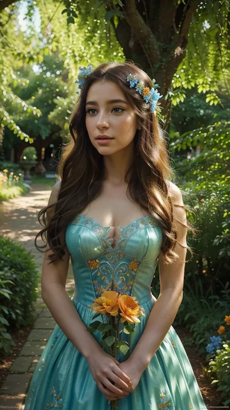 A fantastical fairy in a summer garden, detailed face, beautiful eyes and lips, long eyelashes, flowing hair, ethereal dress, sunlight filtering through trees, glowing colors, lush greenery, vibrant blue and orange flowers, ornate architecture in the backg...