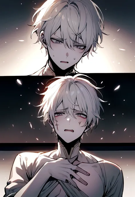 short hair boy, pale skin, white  hair, removing a sword from your chest, lights, light coming from the chest, menino com expression of pain, expression of pain