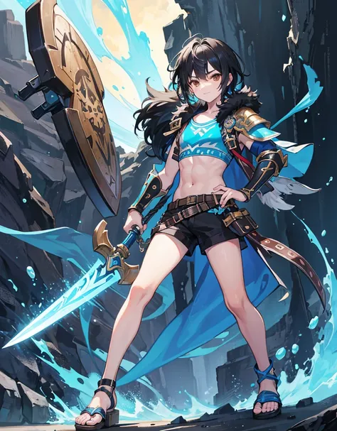 Young boy with black hair, brown eyes and olive skin, innocent and happy, wearing neon blue barbarian fur tunic, black shorts, gauntlets and sandals, weilding sword and shield, blue armor, fullbody, pirate background, boyish athletic