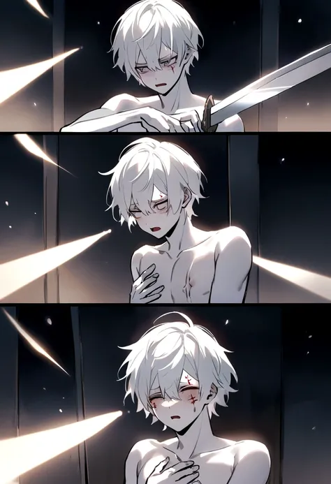 short hair boy, pale skin, white  hair, removing a sword from your chest, lights, light coming from the chest, menino com expression of pain, expression of pain