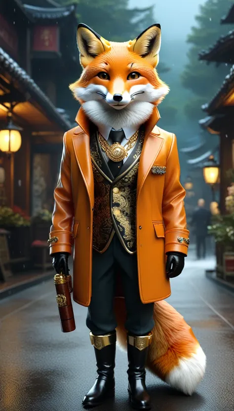 A fox，Mimic the style of the weather girls，Talk enthusiastically about the weather forecast。A fox，Wearing a colorful、Art Gold Jacket，Except for the face，Everything about him looks like a fox..
Use the following rules to create an image of this composition:...