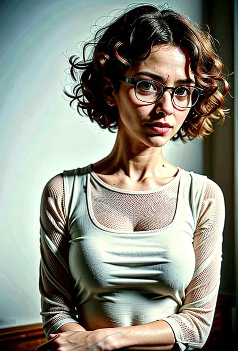 ((detailed))(whole body), (standing against a white wall), A 40 year old woman looking at the camera., Short and curly hair, detailed beautiful face, slightly smiling, openwork striped blouse, sequence of images of something or someone in motion, glasses, ...