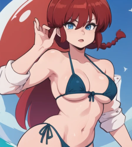 RanmaChan, Red hair, Braided hair, blue eyes, detailed eyes, whole body, lindosexyrobutts, sexy attire | Bikini Under