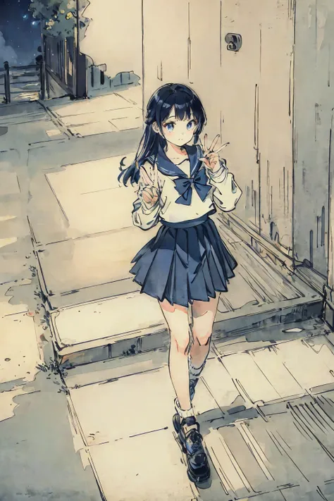 finely detailed illustration, vibrant color, best quality, masterpiece, One beautiful girl、cute、とてもcute、(Sailor suit、navy_blue long pleated skirt:1.1), Winters、purely、Neon City、nostalgic、Making a peace sign、night