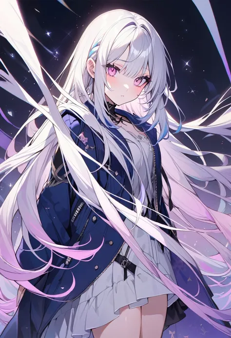 1 female, solo, long length hair, pastel hair, white hair with a twinkling dark purple ombre, with bangs, pink eyes, white clothes, blue jacket, beautiful.