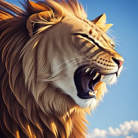 a realistic portrait of a majestic lion with his mane blowing in the wind.