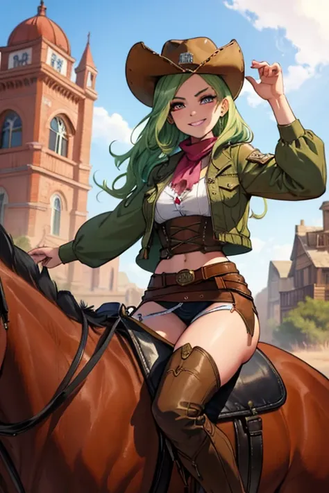 perfect face, perfect hands. a light green haired female cowgirl with pink eyes and an hourglass figure in a conservative cowgir...