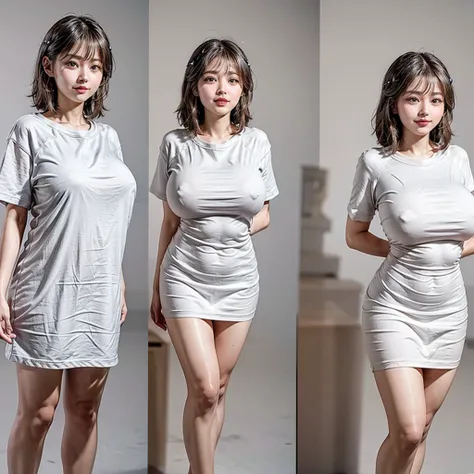 White and Bright Red, (Masterpiece 8K TopQuality:1.2) (ProfessionalPhoto:1.37) ExtremelyDetailed (((KAWAII girl with HUGE boobs:1.37)) (oversized t-shirt) Extremely detailed (Delicate cotton textures) PerfectLighting (Studio GRAY Background) with Dazzling ...