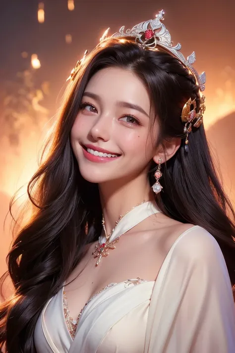 portrait of a beautiful 20 year old holy woman, wearing a thin multicolored silk dress, a beautiful face without blemish, without freckles and moles on her face, (((beautiful smile:1.4))), ((7 color long hair:1.2)), big crown, hair brooch, hanfu dress, chi...