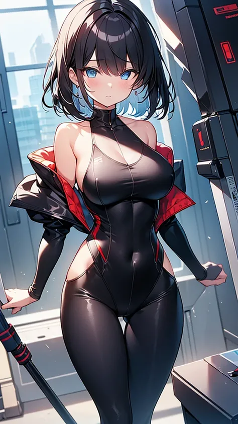 (Highly detailed CG Unity 32k wallpaper,masterpiece, Biological, whole body),(Best lighting, Best Shadow, Very delicate and beautiful),(High School Girl and Unidentified Creatures),blue eyes, Big Breasts,Bouncing chest, Black Hair,Bobcut,Red and black and ...