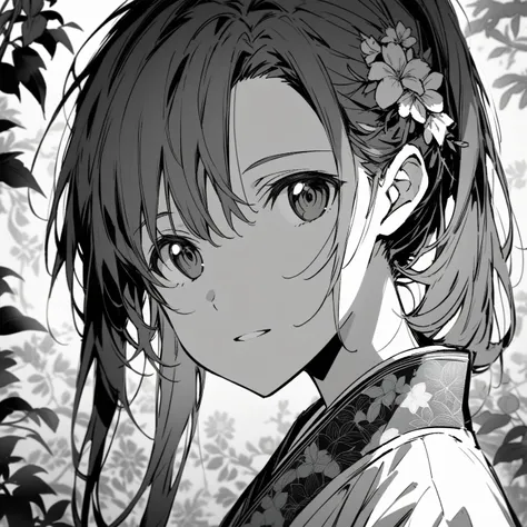 Beautiful anime portrait,Black and gray monochrome，Oriental Wallpaper，Pink，Feeling，very anime style，1girl, Asuna, Sword Art Online，Flowers，Close-up，Soft Light，Rich in details，The expression is firm，Kimono decoration，Background blur，Vivid colors，情Feeling深沉，...