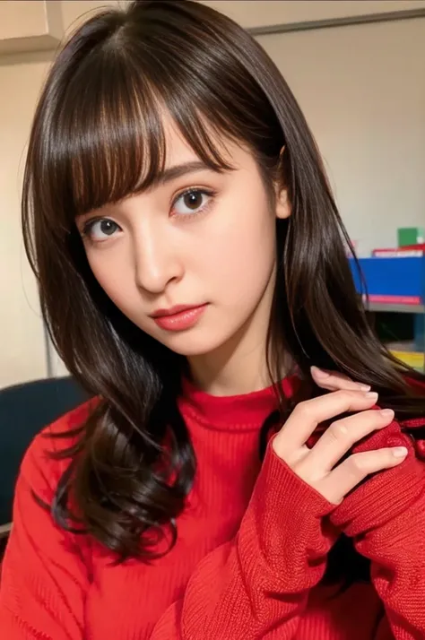 Random pose、Highest quality、Ultra-high resolution、(Photorealistic:1.5)、1 girl、Red sweater、(Brown Hair:1.2)、(Big Breasts:1.2)、classroom、View your viewers、Close-up、Esbian all over、Bad Eyes