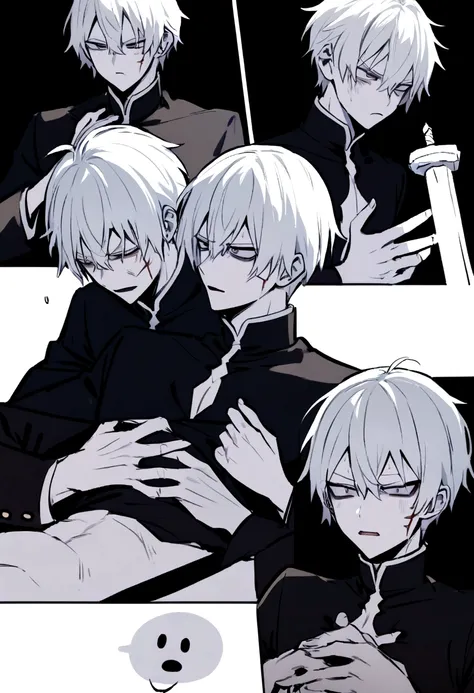 short hair boy, pale skin, white  hair, removing a sword from your chest, menino com expression of pain, expression of pain, taking a sword out of his chest